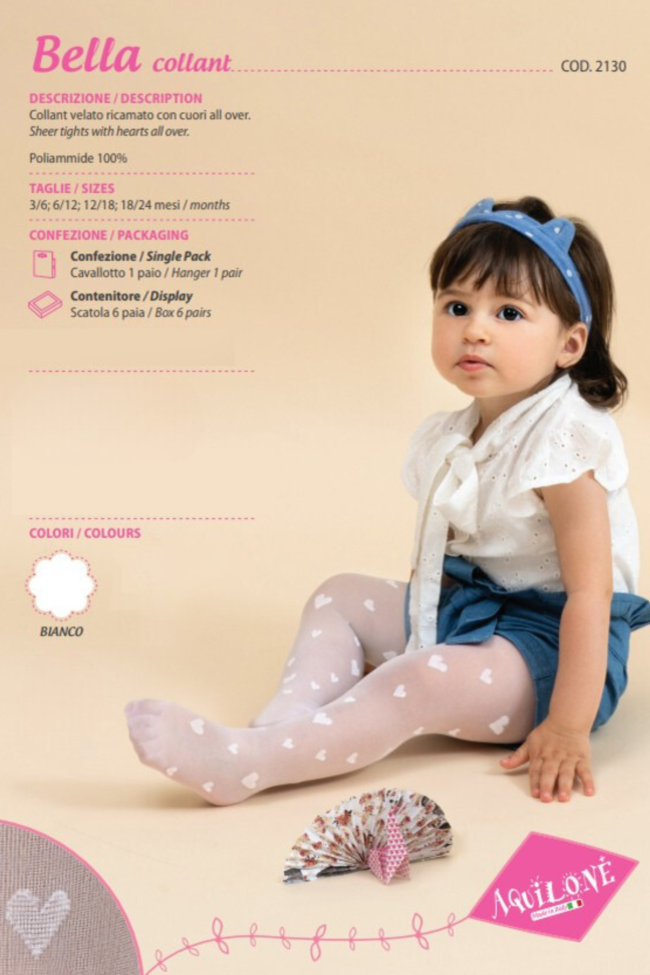 Collant neonata velato ricamato con cuori all over