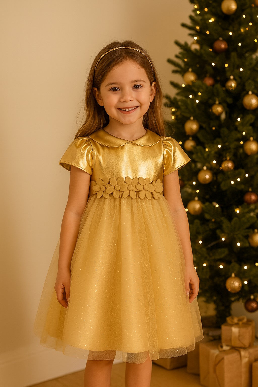Abito natalizio per bambina dorato con tulle Klaiadì KD25121