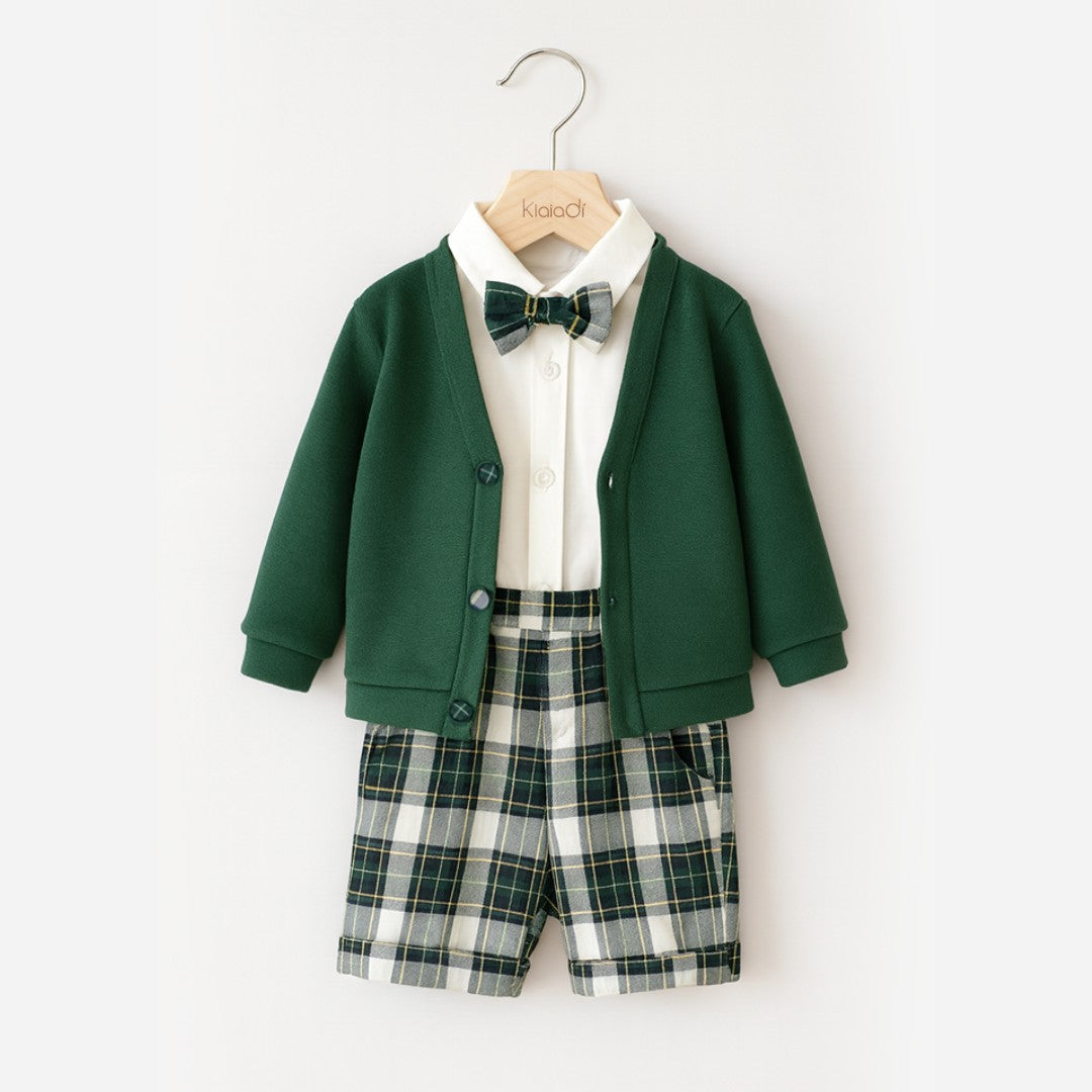 Completo natalizio per neonato con pantalone corto e bretelle tartan e cardigan Klaiadì KD12270