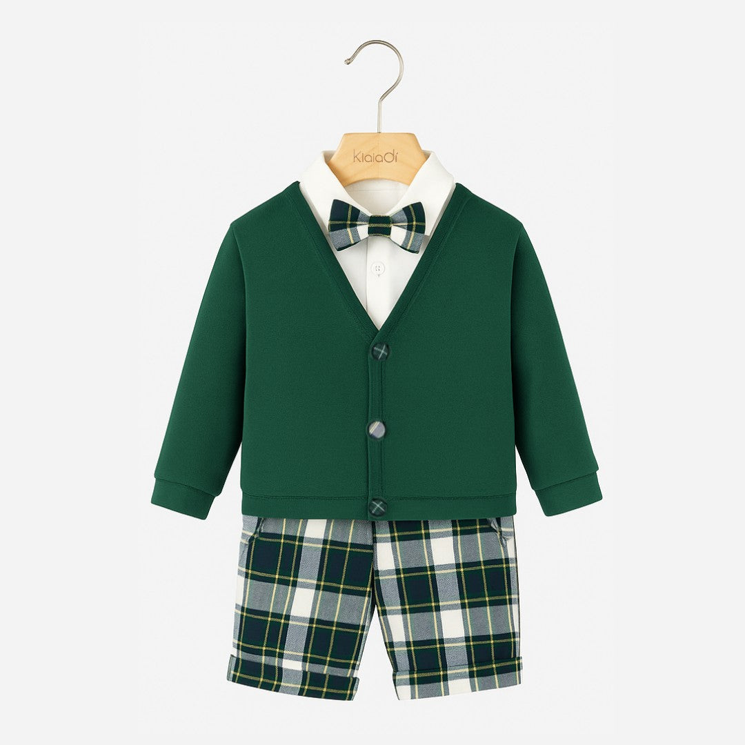 Completo natalizio per neonato con pantalone corto e bretelle tartan e cardigan Klaiadì KD12270
