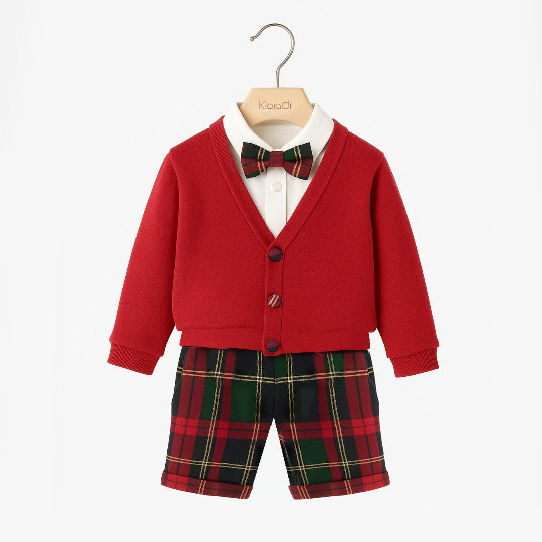 Completo natalizio per neonato con pantalone corto e bretelle tartan e cardigan Klaiadì KD12270