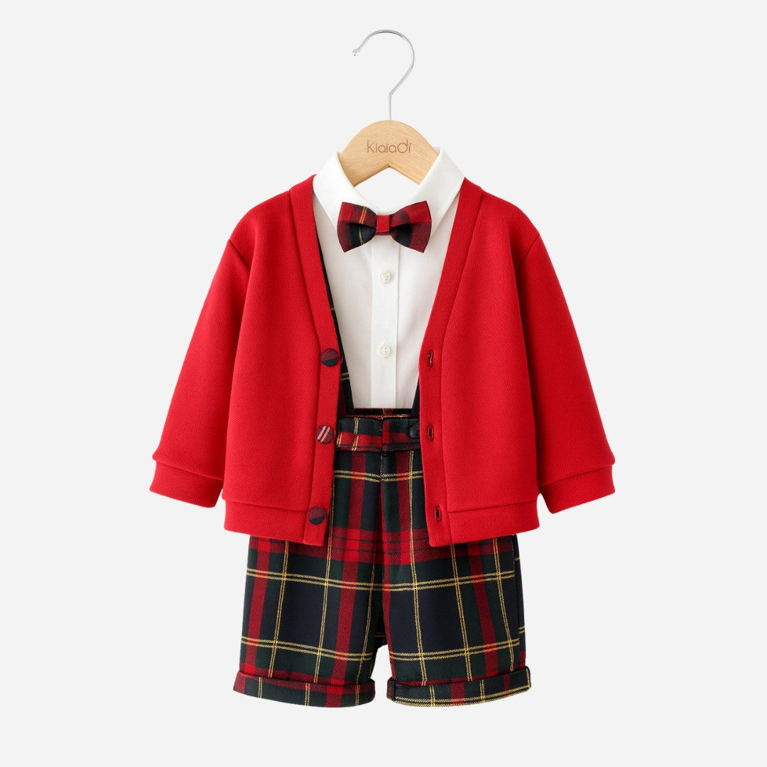 Completo natalizio per neonato con pantalone corto e bretelle tartan e cardigan Klaiadì KD12270