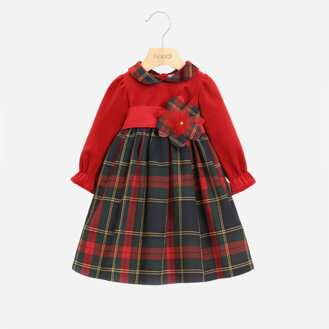Abito natalizio per bambina in velluto con gonna tartan Klaiadì KD21928
