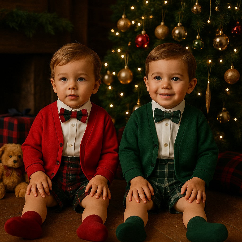 Completo natalizio per neonato con pantalone corto e bretelle tartan e cardigan Klaiadì KD12270