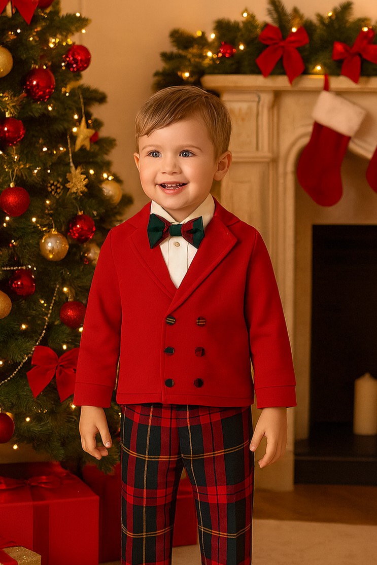 Completo natalizio per bambino con cardigan doppio petto e pantalone tartan Klaiadì KD12276