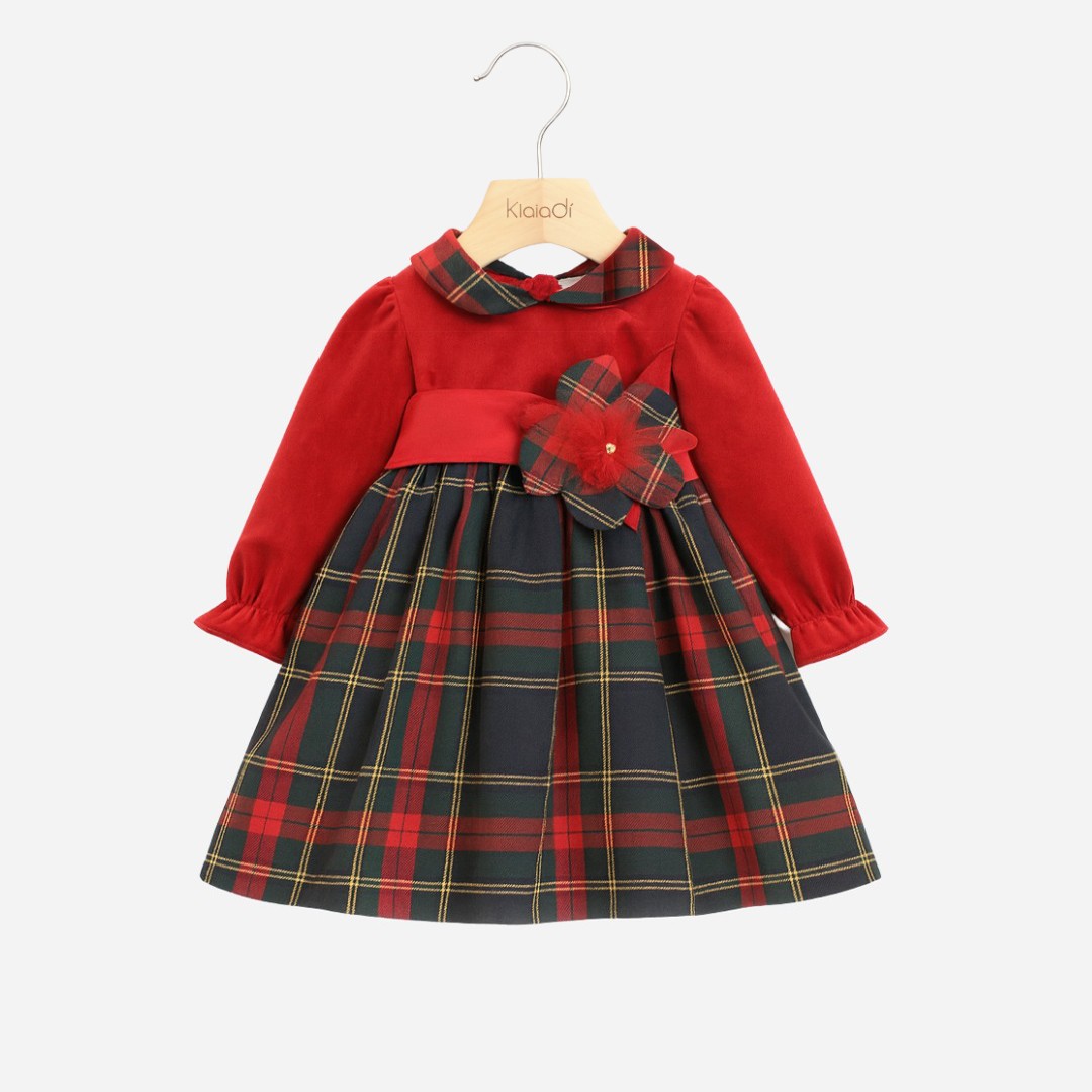 Abito natalizio per neonata mignolo in vellutino e tartan Klaiadì KD10994