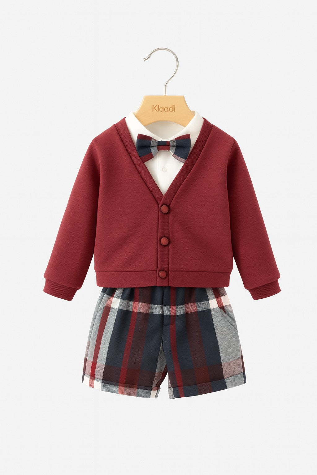 Completo natalizio per neonato con pantalone corto e bretelle tartan e cardigan Klaiadì KD12270